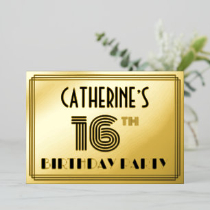 16e verjaardag — Art Deco Style "16" en naam Folie Uitnodiging