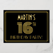 16e verjaardag — Art Deco Style "16" + Naam Folie Uitnodiging (Voorkant)