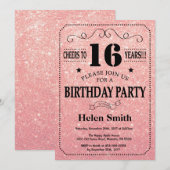 16e Verjaardag Black en Pink Rose Gold Glitter Kaart (Voorkant / Achterkant)