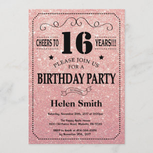 16e Verjaardag Black en Pink Rose Gold Glitter Kaart