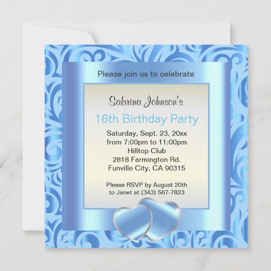 16e verjaardag | Blauw, Zilver en Wit Stem Kaart (Achterkant)