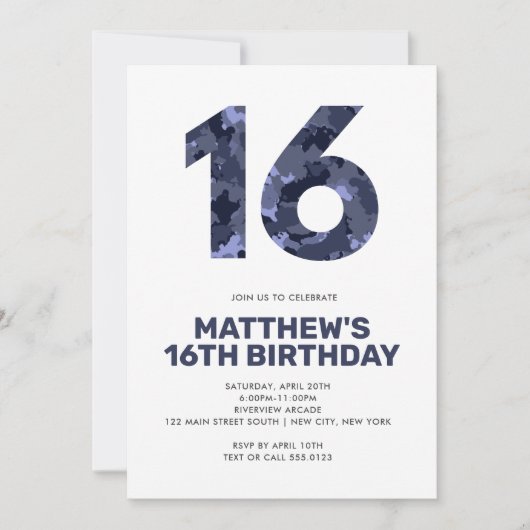 16e verjaardag, blauwe Camo persoonlijke tienen Kaart (Voorkant)