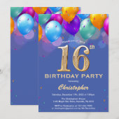 16e verjaardag Blauwe en goudkleurige ballonnen Kaart (Voorkant / Achterkant)