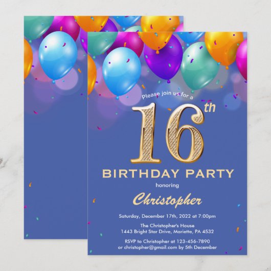 16e verjaardag Blauwe en goudkleurige ballonnen Kaart (Voorkant / Achterkant)