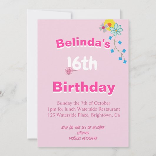 16e verjaardag Bloemen Bloem Roze Uitnodiging (Achterkant)