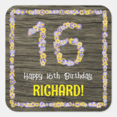 16e verjaardag: Bloemgetal, Faux Wood Look, Naam Vierkante Sticker (Voorkant)