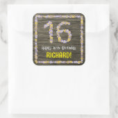 16e verjaardag: Bloemgetal, Faux Wood Look, Naam Vierkante Sticker (Tas)