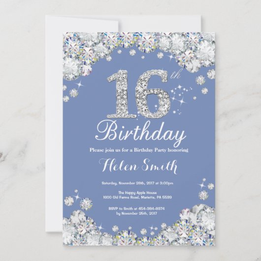 16e verjaardag Blue en Silver Diamond Kaart (Voorkant)