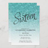 16e verjaardag Blue Ombre Glitter uitnodiging (Voorkant / Achterkant)