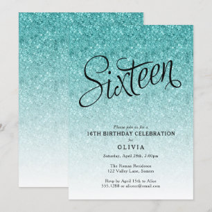 16e verjaardag Blue Ombre Glitter uitnodiging