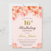 16e verjaardag Blush Pink Gold Floral Dinner Party Kaart (Voorkant)