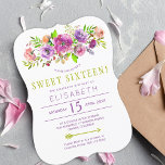 16e verjaardag boho floral chic lief zestien kaart<br><div class="desc">Rustieke elegante lieve zestien feestuitnodigingen sjabloon met een pastel bohemien paarse, lila, violette, stoffige roos en blush roze pioen handgeschilderd boeket met salie en varengroene waterverf gebladerte en schrift belettering. Vul uw gegevens in de spots in, U kunt ervoor kiezen om het verder aan te passen door lettertypen, kleuren van...</div>