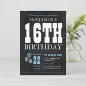 16e verjaardag Chalkboard Blauwe ballon Rustic Chi Kaart (Staand voorkant)