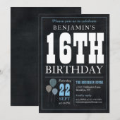 16e verjaardag Chalkboard Blauwe ballon Rustic Chi Kaart (Voorkant / Achterkant)