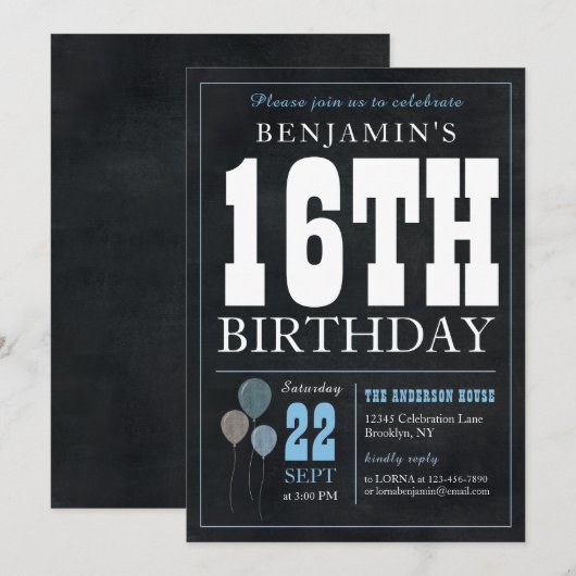 16e verjaardag Chalkboard Blauwe ballon Rustic Chi Kaart (Voorkant / Achterkant)