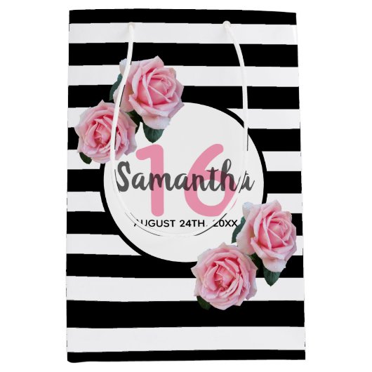16e verjaardag chic roze rozen zwarte witte strepe medium cadeauzakje (Voorkant)