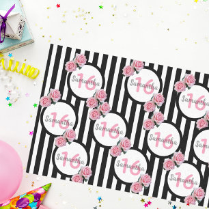 16e verjaardag chic roze rozen zwarte witte strepe tissuepapier