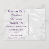 16e Verjaardag Damask en Faux Bow Save The Date Aankondigingskaart (Achterkant)