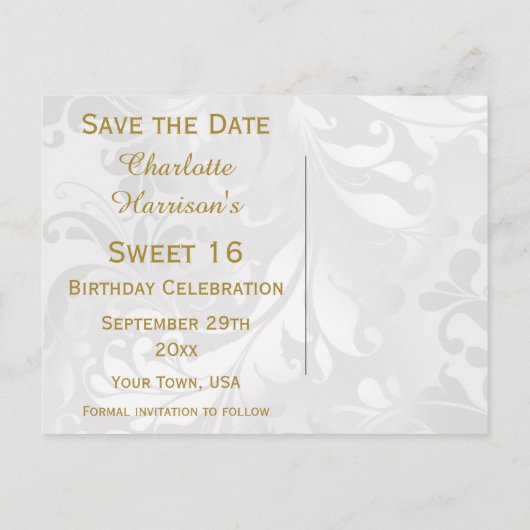 16e Verjaardag Damask en Faux Bow Save The Date Aankondigingskaart (Achterkant)