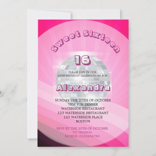 16e verjaardag Disco Dance Muziek Roze Uitnodiging (Achterkant)