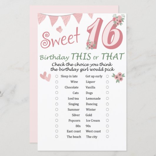 16e verjaardag Dit of dat spel (Voorkant / Achterkant)