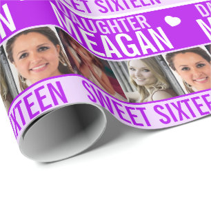 16e verjaardag drie foto's paarse dochter cadeaupapier