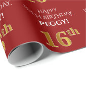 16e verjaardag: Elegant, Rood, Faux Gold Look Cadeaupapier (Rol Hoek)