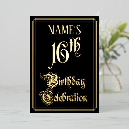 16e verjaardag — Fancy script en aangepaste naam Folie Uitnodiging (Staand Voorkant)