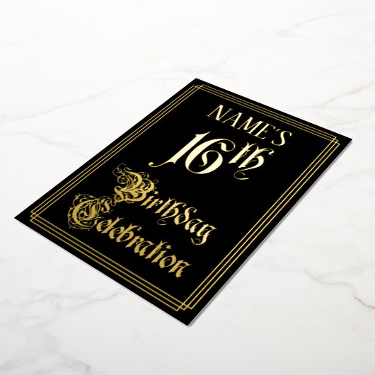 16e verjaardag — Fancy script en aangepaste naam Folie Uitnodiging (Gedraaid)