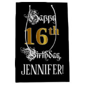 16e verjaardag ~ Fancy script; Faux Gold look; naa Medium Cadeauzakje (Voorkant)