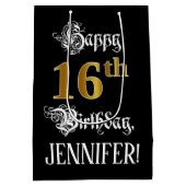 16e verjaardag ~ Fancy script; Faux Gold look; naa Medium Cadeauzakje (Achterkant)