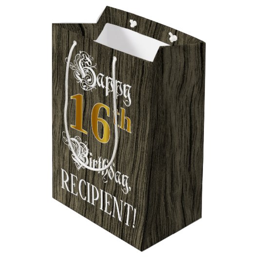 16e verjaardag: Faux Gold look & Faux Wood Pattern Medium Cadeauzakje (Achterkant Gekanteld)