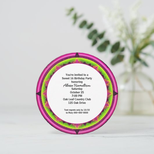 16e Verjaardag Feest Ronde Neon Kaleidoscoop Kaart (Staand voorkant)