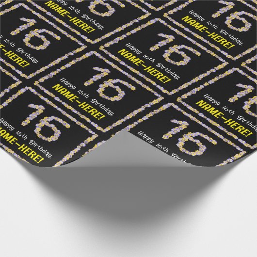 16e verjaardag: Floral Flowers Number, Custom Name Cadeaupapier (Hoek)