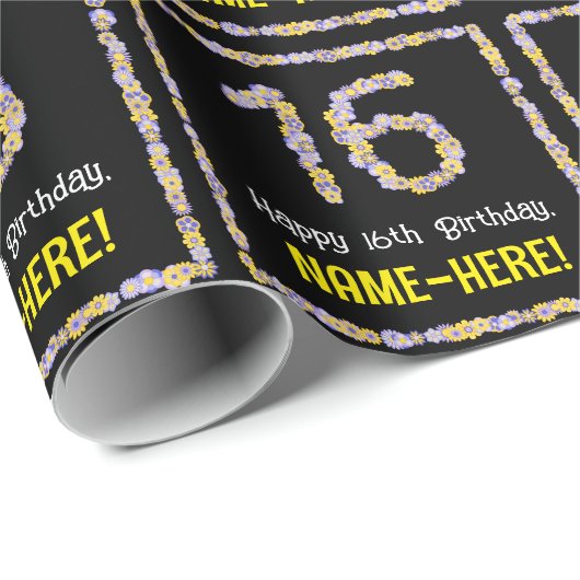 16e verjaardag: Floral Flowers Number, Custom Name Cadeaupapier (Rol Hoek)