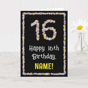 16e verjaardag: Floral Flowers Number, Custom Name Kaart