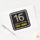 16e verjaardag: Floral Flowers Number, Custom Name Vierkante Sticker (Envelop)