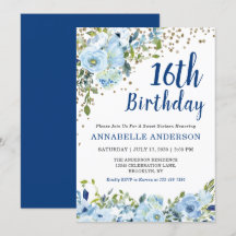 16e verjaardag Floral Navy Blue Gold Confetti Girl