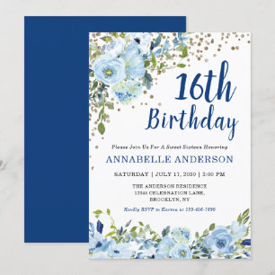 16e verjaardag Floral Navy Blue Gold Confetti Girl Kaart