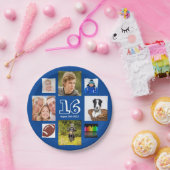 16e verjaardag foto collage blauwe jongen papieren bordje (Feest)