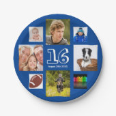 16e verjaardag foto collage blauwe jongen papieren bordje (Voorkant)