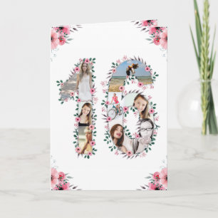 16e verjaardag Foto Collage Girl Pink Flower White Kaart