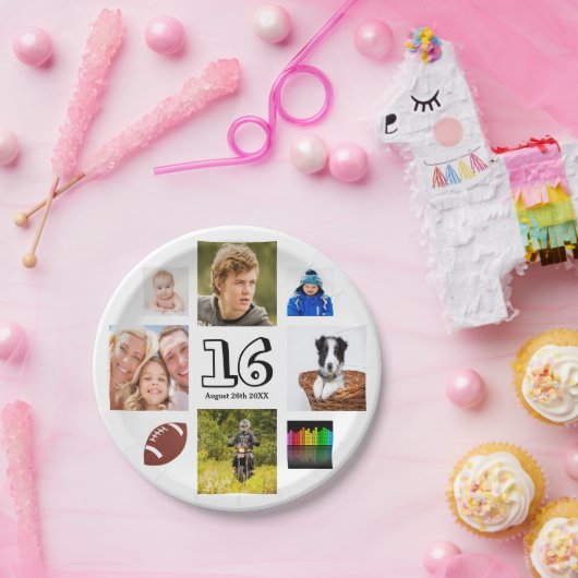 16e verjaardag foto collage jongen wit papieren bordje (Feest)