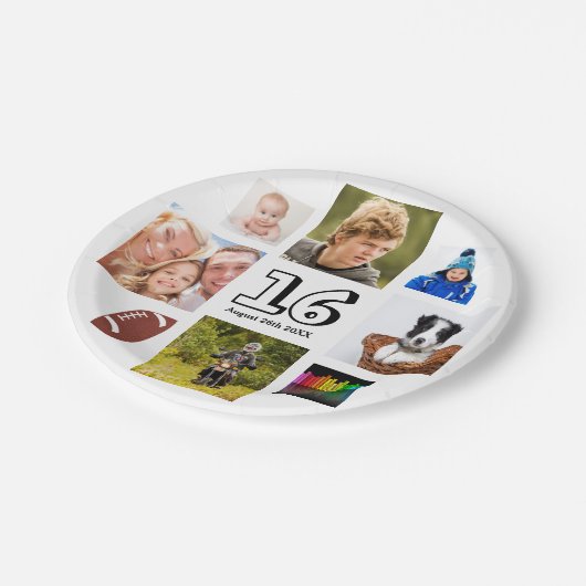 16e verjaardag foto collage jongen wit papieren bordje (Gekanteld)