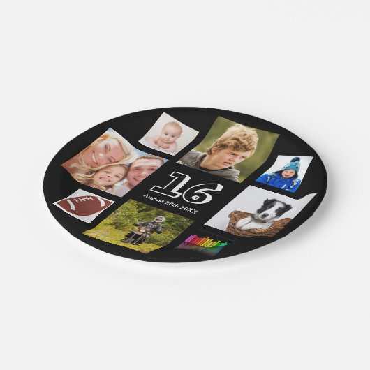 16e verjaardag foto collage jongen zwart papieren bordje (Gekanteld)