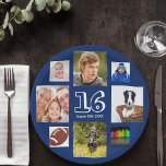 16e verjaardag foto collage navy blue boy papieren bordje<br><div class="desc">Een papieren bord voor een 16de verjaardag voor een jongen,  die zijn leven viert met een collage van 8 van je foto's. Personaliseer en voeg leeftijd 16 en een datum toe. Geboortedatum of -datum van de partij. Witte gekleurde letters. Navy blue background.</div>