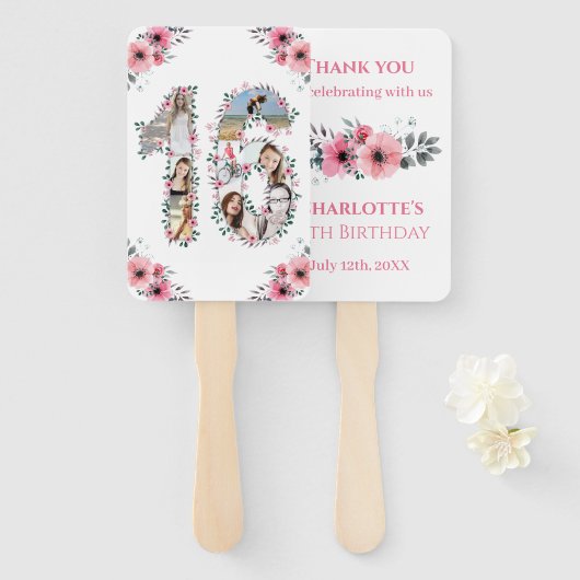 16e verjaardag Foto Collage Pink Girl Flower White Handwaaier (Voorkant en achterkant)