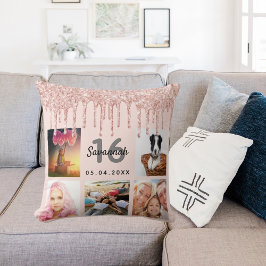 16e verjaardag foto roos goud glitter blush roze kussen