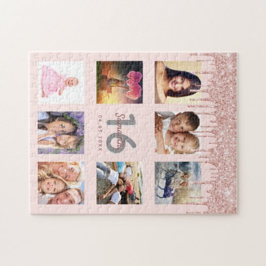 16e verjaardag foto roos gouden roze druppels legpuzzel (Horizontaal)