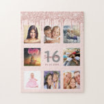 16e verjaardag foto roos gouden roze druppels legpuzzel<br><div class="desc">Een glamoureus en uniek 16e verjaardagscadeau of aandenken,  het vieren van haar leven met een collage van 8 van uw foto's. Personaliseer en voeg een naam,  leeftijd 16 en een datum toe. Grijs en donker roos goudkleurige letters. Elegante en trendy blush roze achtergrondkleur. Versierd met roos goudkleurige druppels.</div>